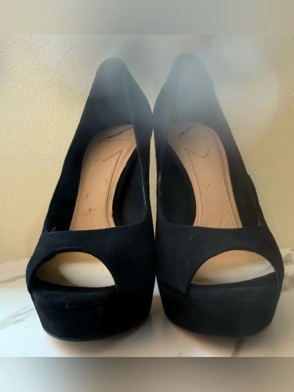 Brian Atwood Raja Black Suede Peep-Toe Platform, Gold Embellishment, EUC, Size 9